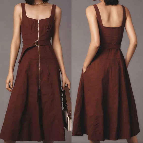 Anthropologie Dresses & Skirts - Anthropologie Sleeveless Zip Front Belted Midi Dress Brown Mahogany Soft Corset